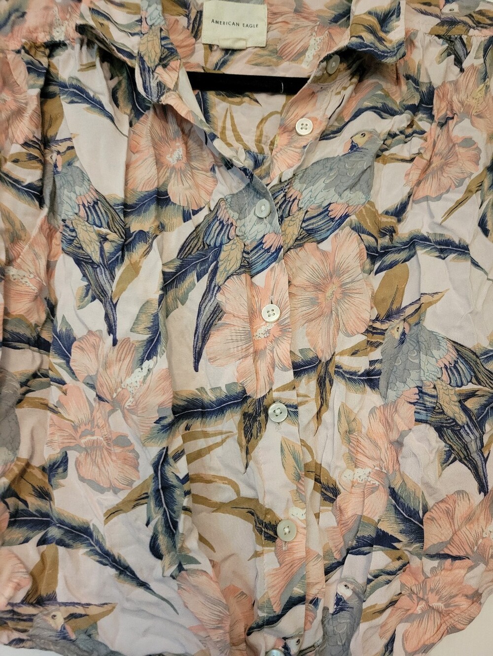 Aerie Pink Floral Button-Front Tie Crop Top with Navy Bird Print M - Picture 2 of 5